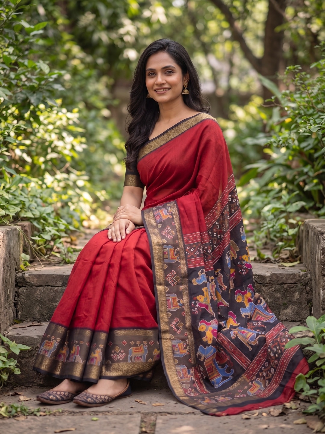 Peachmode Red Pure Monroe Silk Saree With Bentex Jacquard And Digital Print Pallu - Image 4