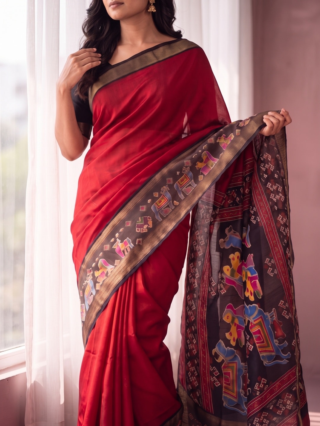 Peachmode Red Pure Monroe Silk Saree With Bentex Jacquard And Digital Print Pallu - Image 5