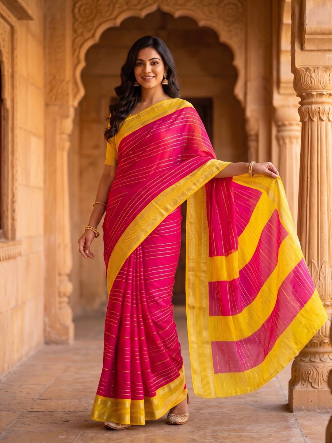 Peachmode Rani Pure Crepe Silk Saree With Jacquard And Dyed Colour Block Border Concept - Image 1