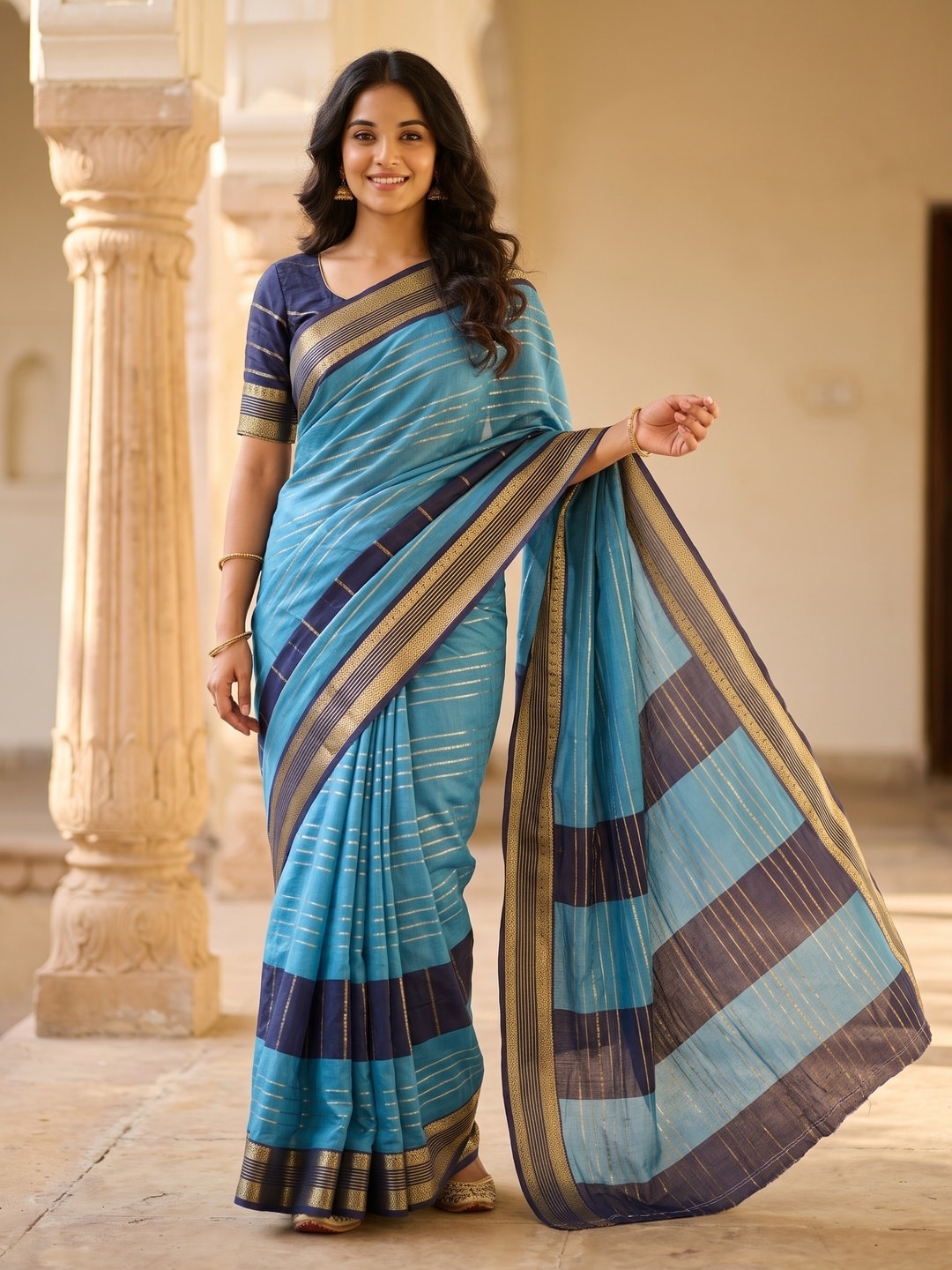 Peachmode Sky Blue Pure Crepe Silk Saree With Jacquard And Dyed Colour Block Border Concept - Image 1