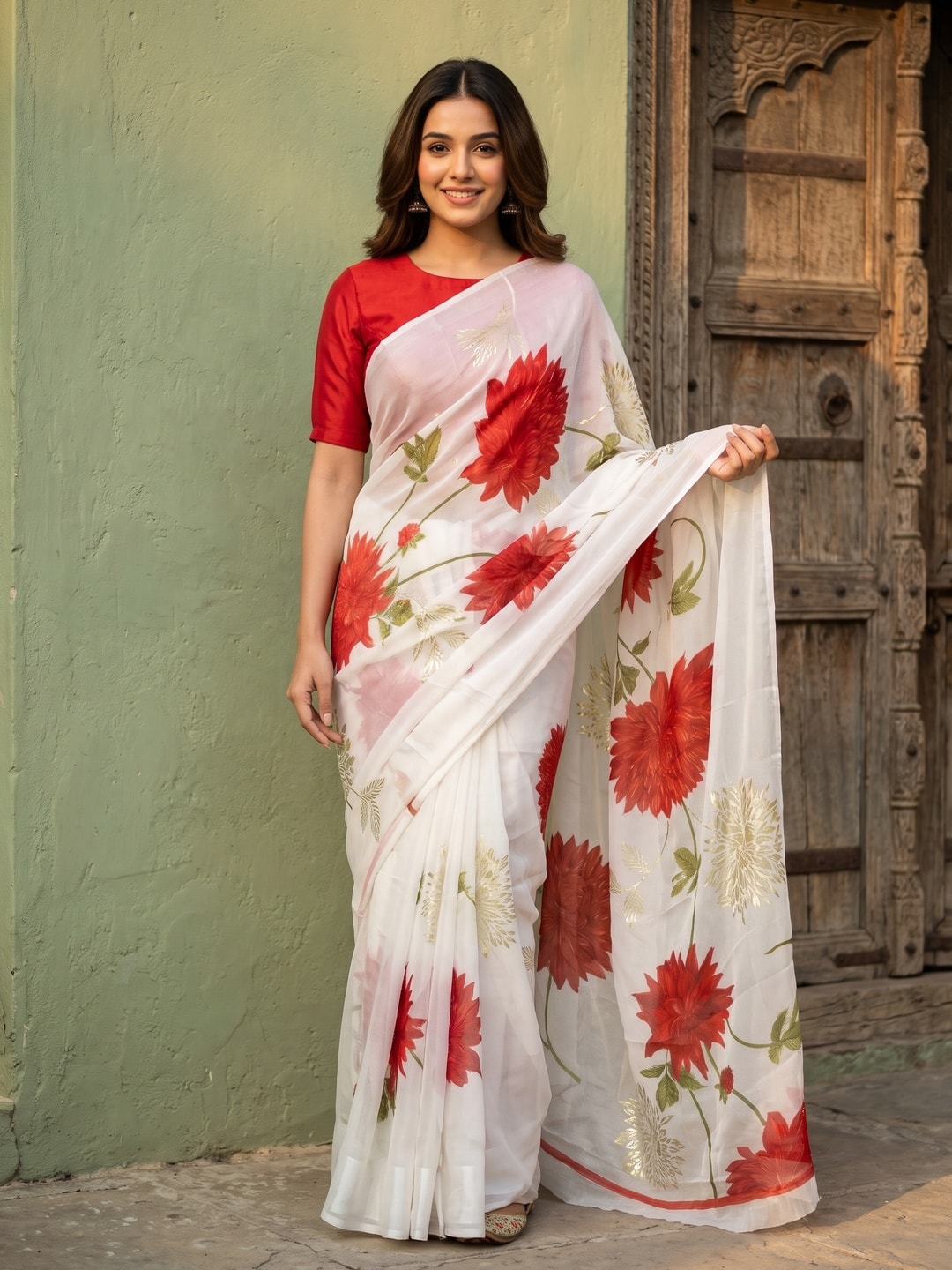 Peachmode Red Fine Viscose Georgette Saree With Fancy Floral Foil Print And Pure Silk Handwork Blouse - Image 1