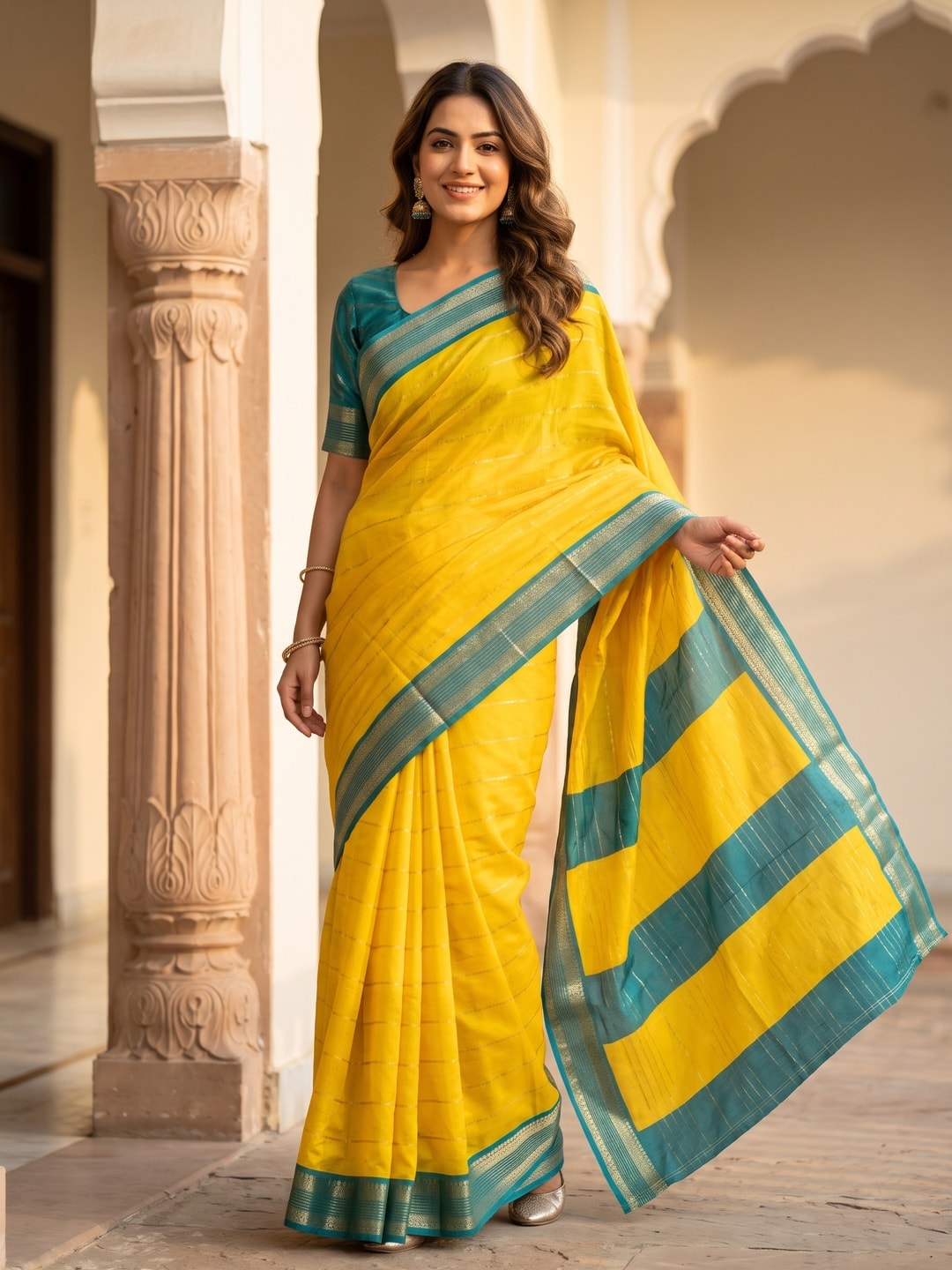 Peachmode Yellow Pure Crepe Silk Saree With Jacquard And Dyed Colour Block Border Concept - Image 1