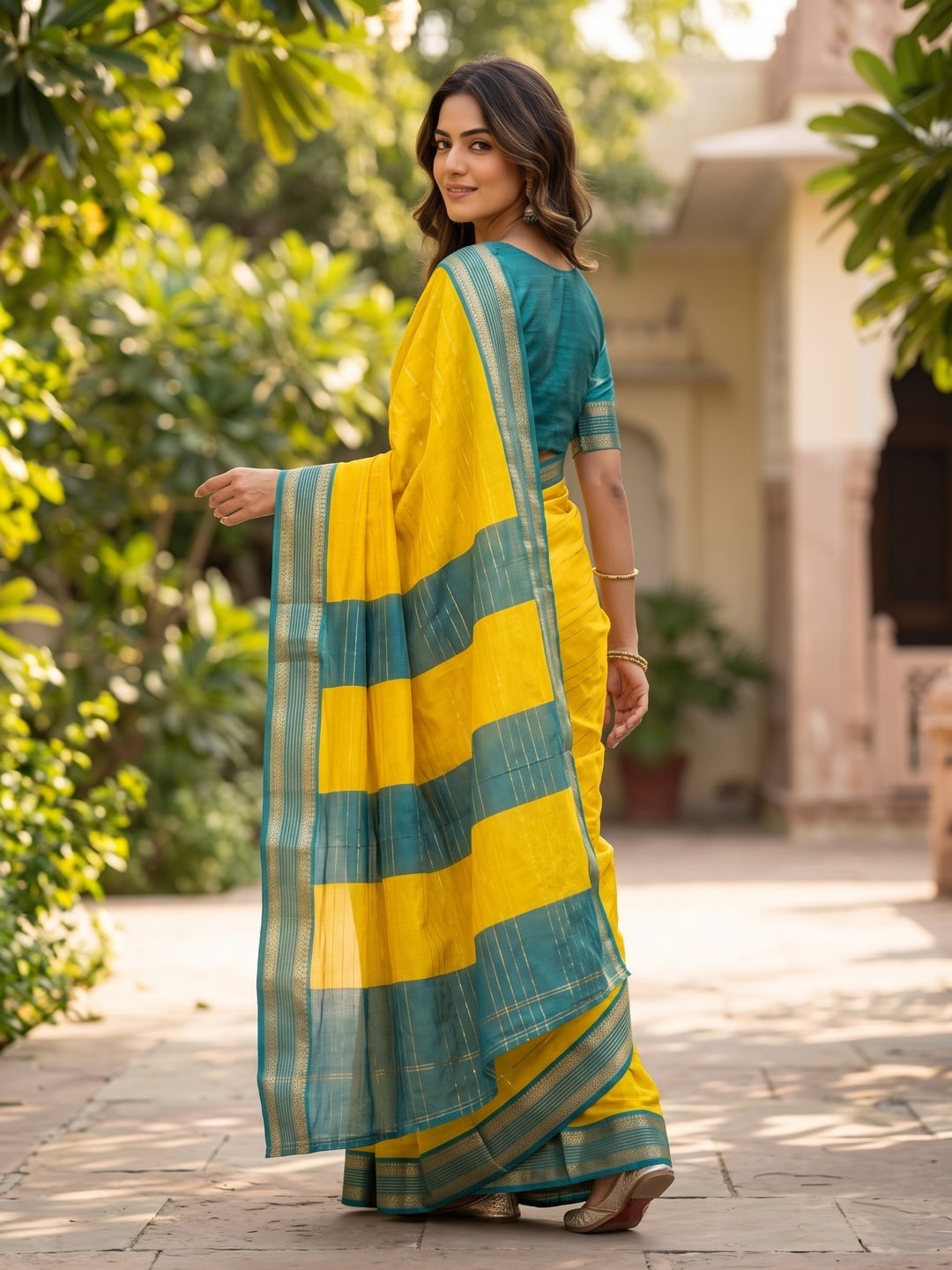 Peachmode Yellow Pure Crepe Silk Saree With Jacquard And Dyed Colour Block Border Concept - Image 2