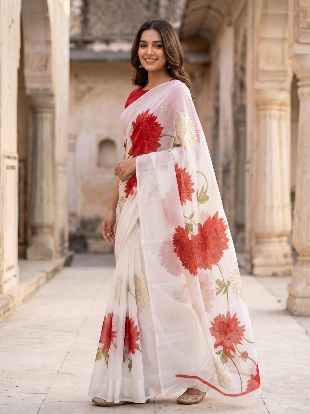 Peachmode Red Fine Viscose Georgette Saree With Fancy Floral Foil Print And Pure Silk Handwork Blouse - Image 3