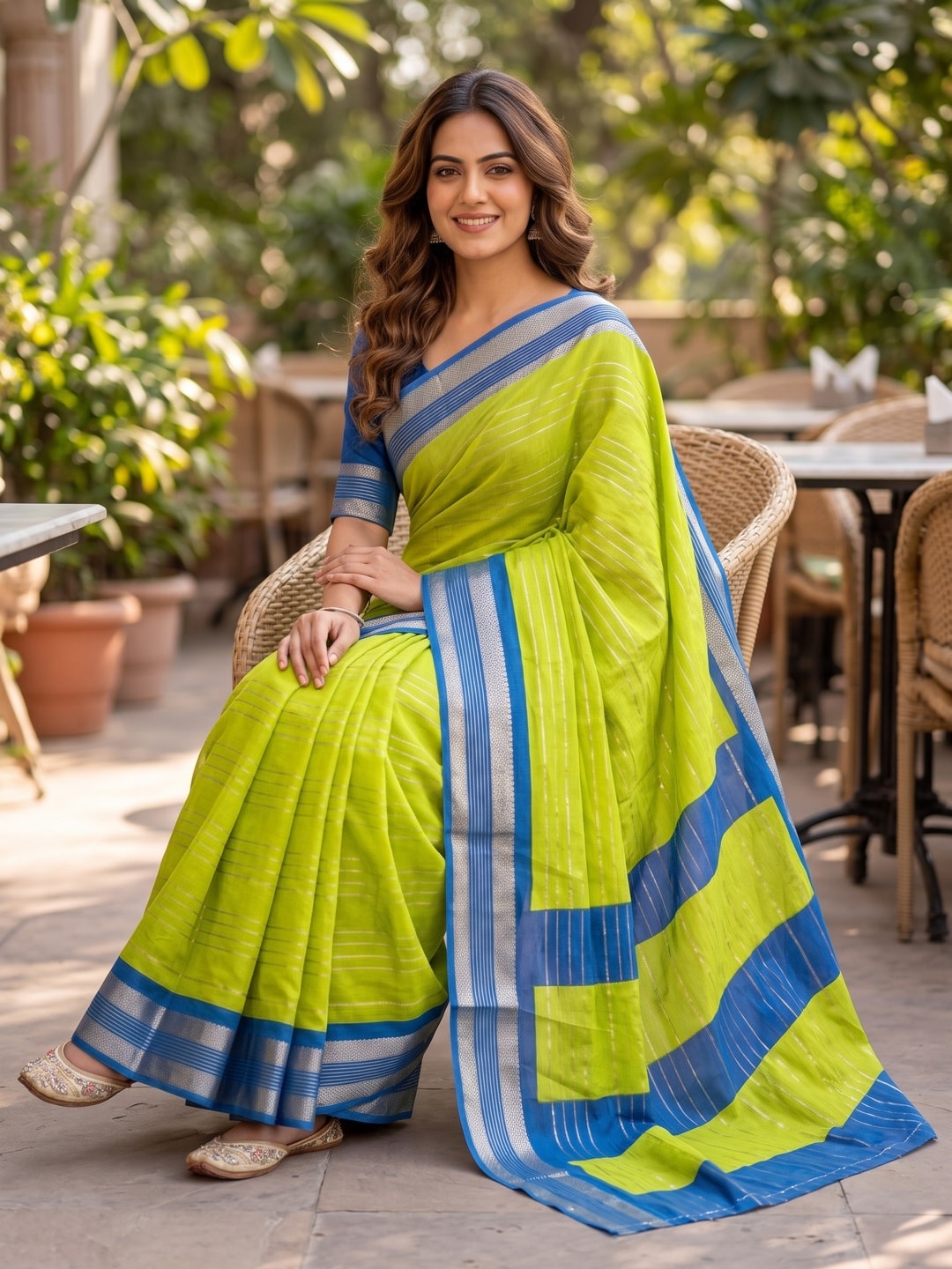 Peachmode Lime Green Pure Crepe Silk Saree With Jacquard And Dyed Colour Block Border Concept - Image 4