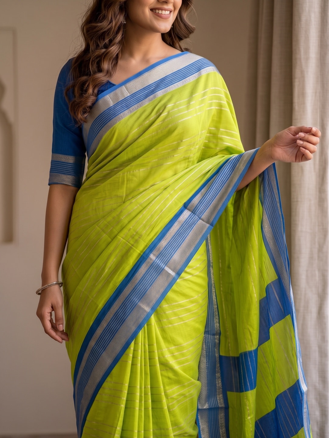Peachmode Lime Green Pure Crepe Silk Saree With Jacquard And Dyed Colour Block Border Concept - Image 5
