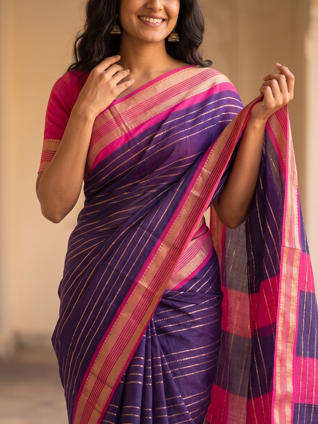 Peachmode Purple Pure Crepe Silk Saree With Jacquard And Dyed Colour Block Border Concept - Image 5