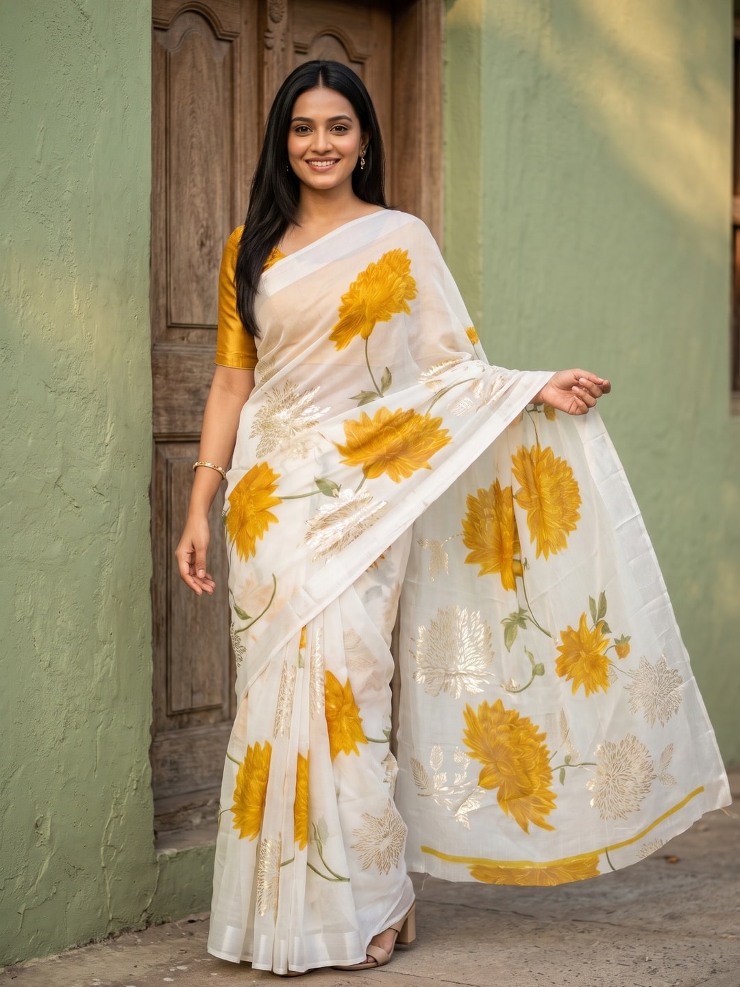 Peachmode Mustard Fine Viscose Georgette Saree With Fancy Floral Foil Print And Pure Silk Handwork Blouse - Image 1