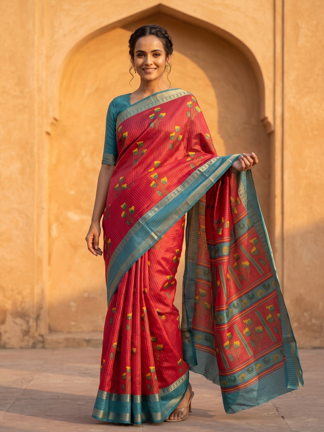 Peachmode Red Pure Cotton Silk Saree With Bentex Jacquard And Silky Floral Butta Print - Image 1