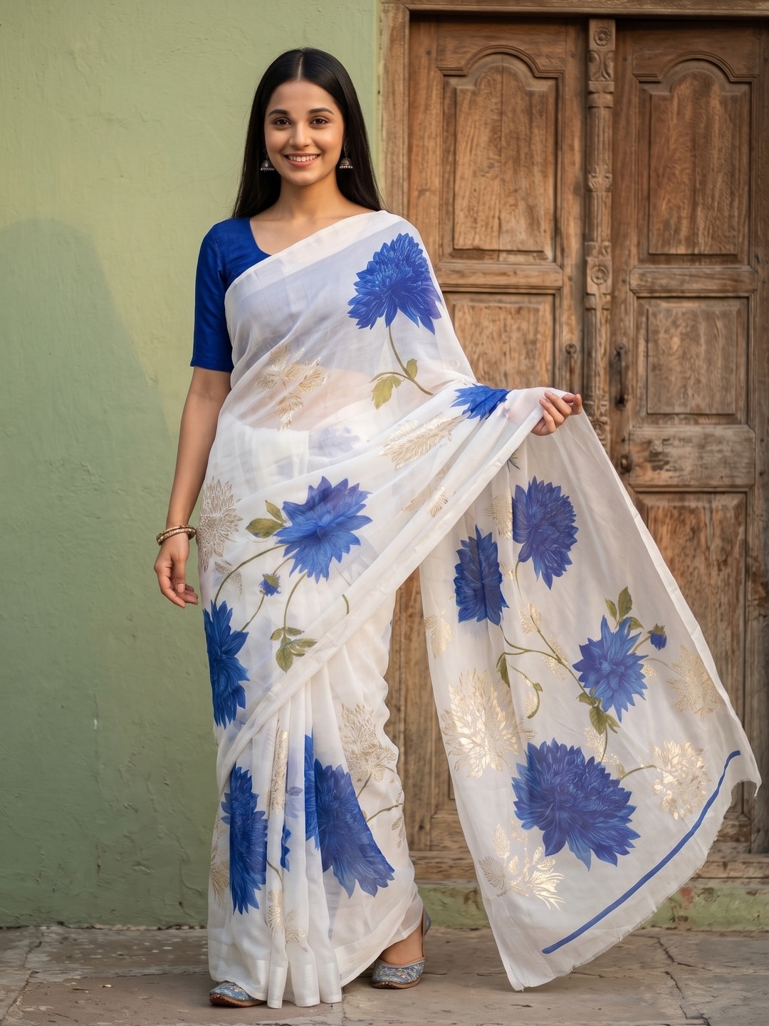 Peachmode Royal Blue Fine Viscose Georgette Saree With Fancy Floral Foil Print And Pure Silk Handwork Blouse - Image 1