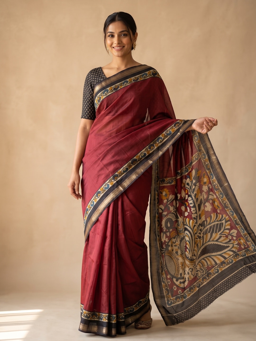 Peachmode Maroon Maheshwari Silk Viscose Printed Saree With Zari Border And Kalamkari Floral Pallu - Image 1