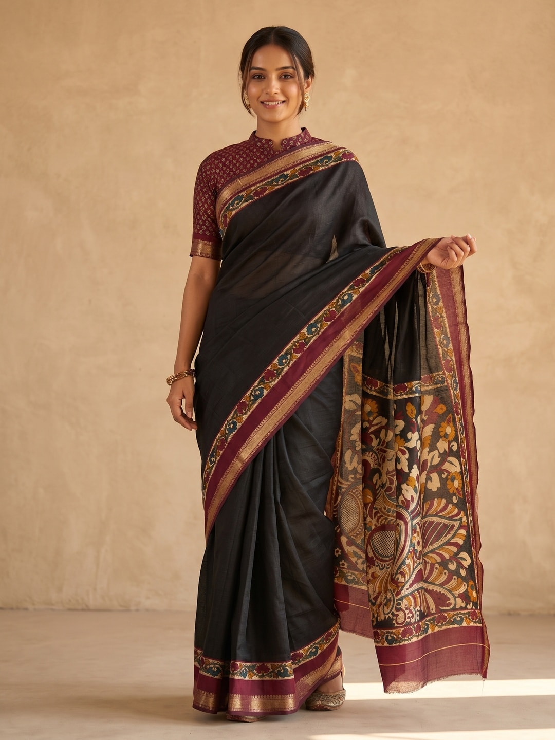 Peachmode Black Maheshwari Silk Viscose Printed Saree With Zari Border And Kalamkari Floral Pallu - Image 1