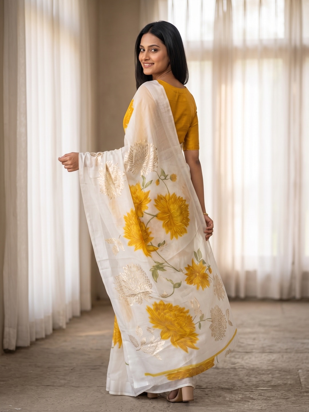 Peachmode Mustard Fine Viscose Georgette Saree With Fancy Floral Foil Print And Pure Silk Handwork Blouse - Image 2