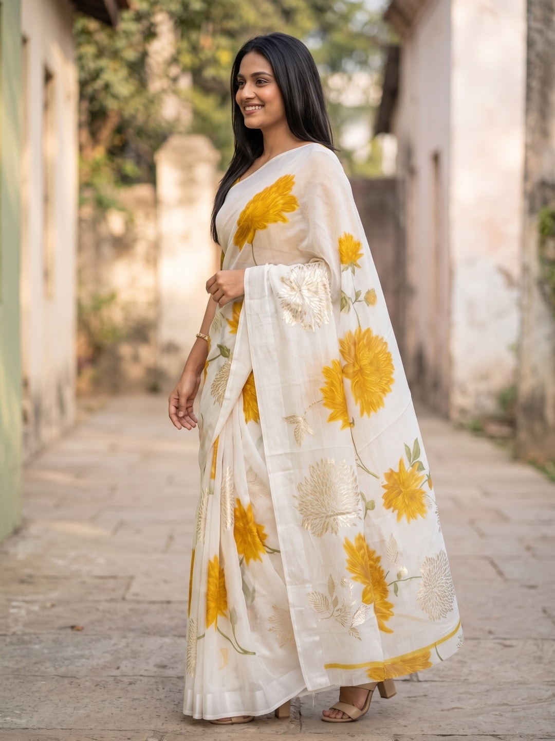 Peachmode Mustard Fine Viscose Georgette Saree With Fancy Floral Foil Print And Pure Silk Handwork Blouse - Image 3