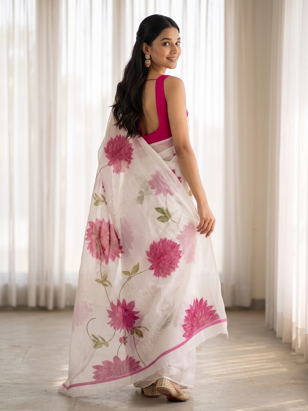 Peachmode Pink Fine Viscose Georgette Saree With Fancy Floral Foil Print And Pure Silk Handwork Blouse - Image 2