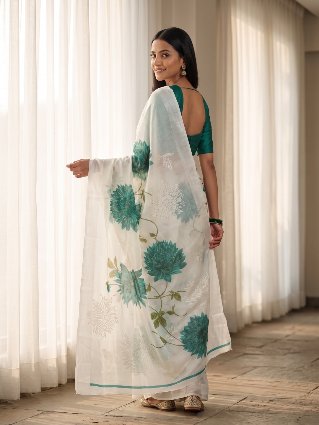 Peachmode Teal Fine Viscose Georgette Saree With Fancy Floral Foil Print And Pure Silk Handwork Blouse - Image 2