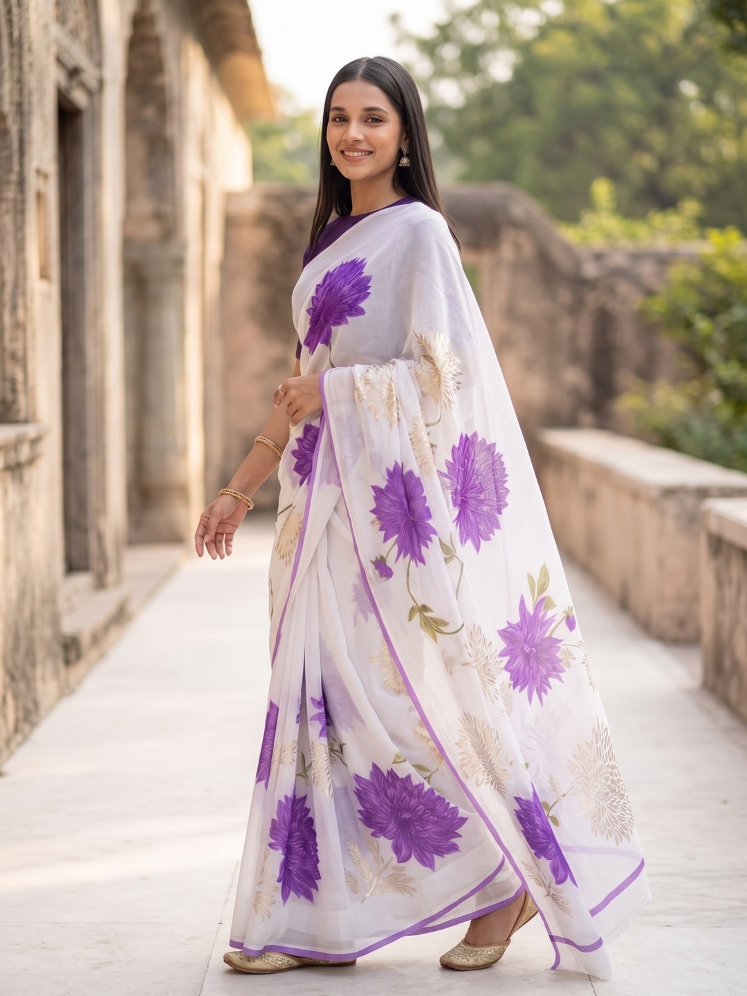 Peachmode Purple Fine Viscose Georgette Saree With Fancy Floral Foil Print And Pure Silk Handwork Blouse - Image 3