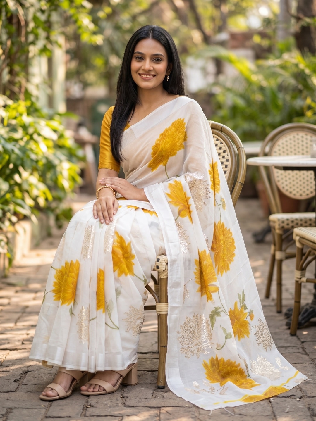 Peachmode Mustard Fine Viscose Georgette Saree With Fancy Floral Foil Print And Pure Silk Handwork Blouse - Image 4