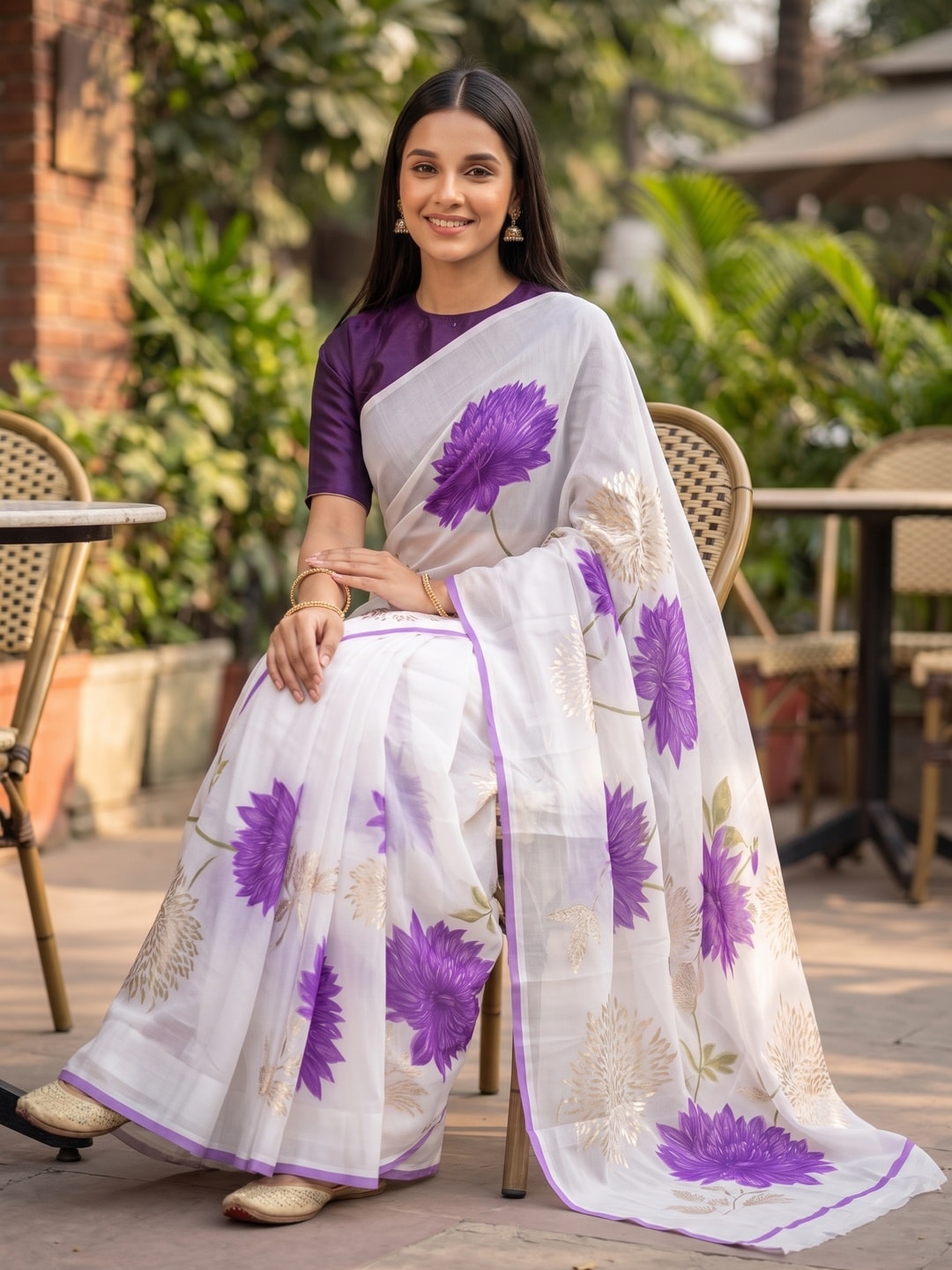 Peachmode Purple Fine Viscose Georgette Saree With Fancy Floral Foil Print And Pure Silk Handwork Blouse - Image 4