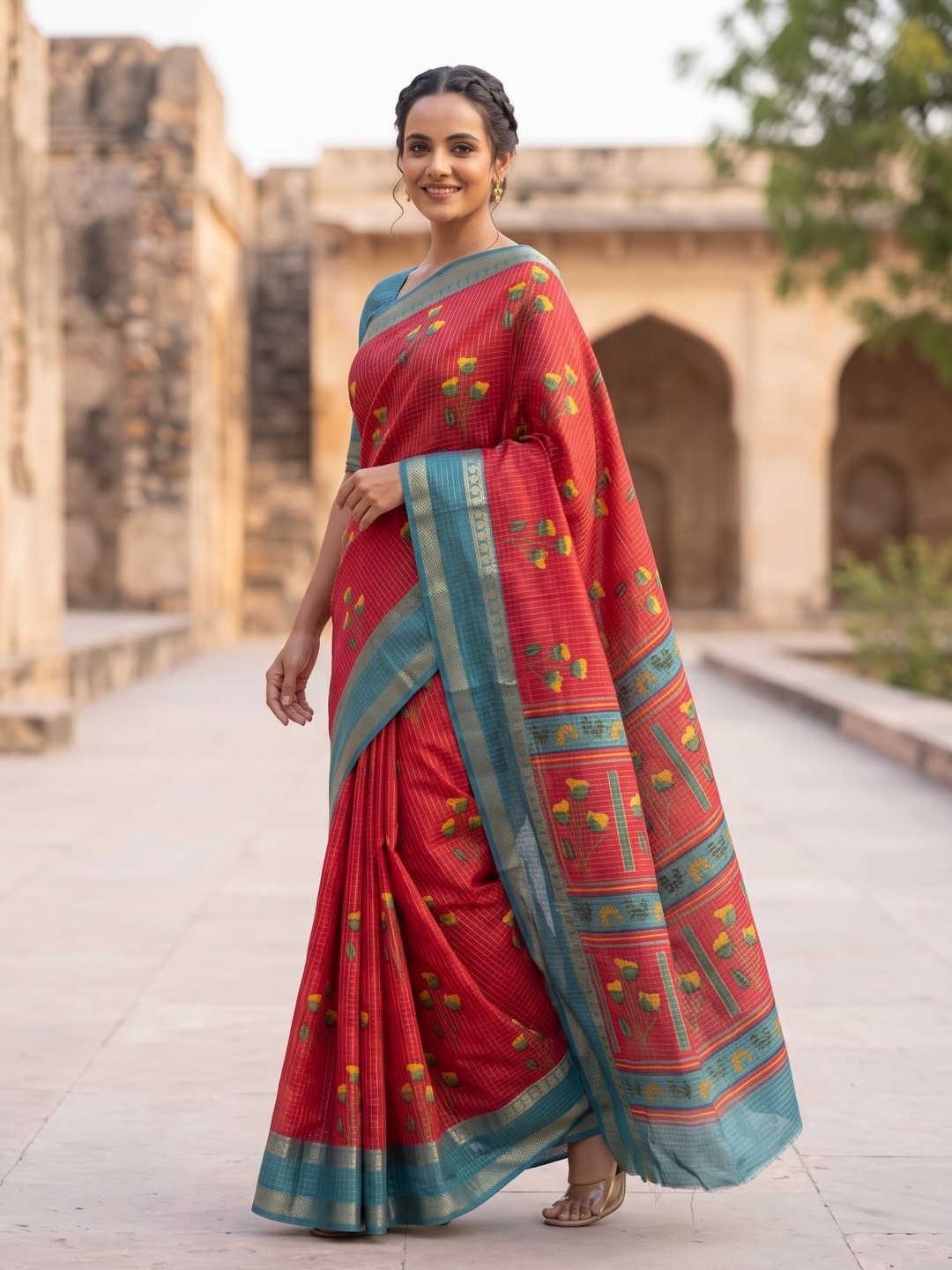 Peachmode Red Pure Cotton Silk Saree With Bentex Jacquard And Silky Floral Butta Print - Image 3