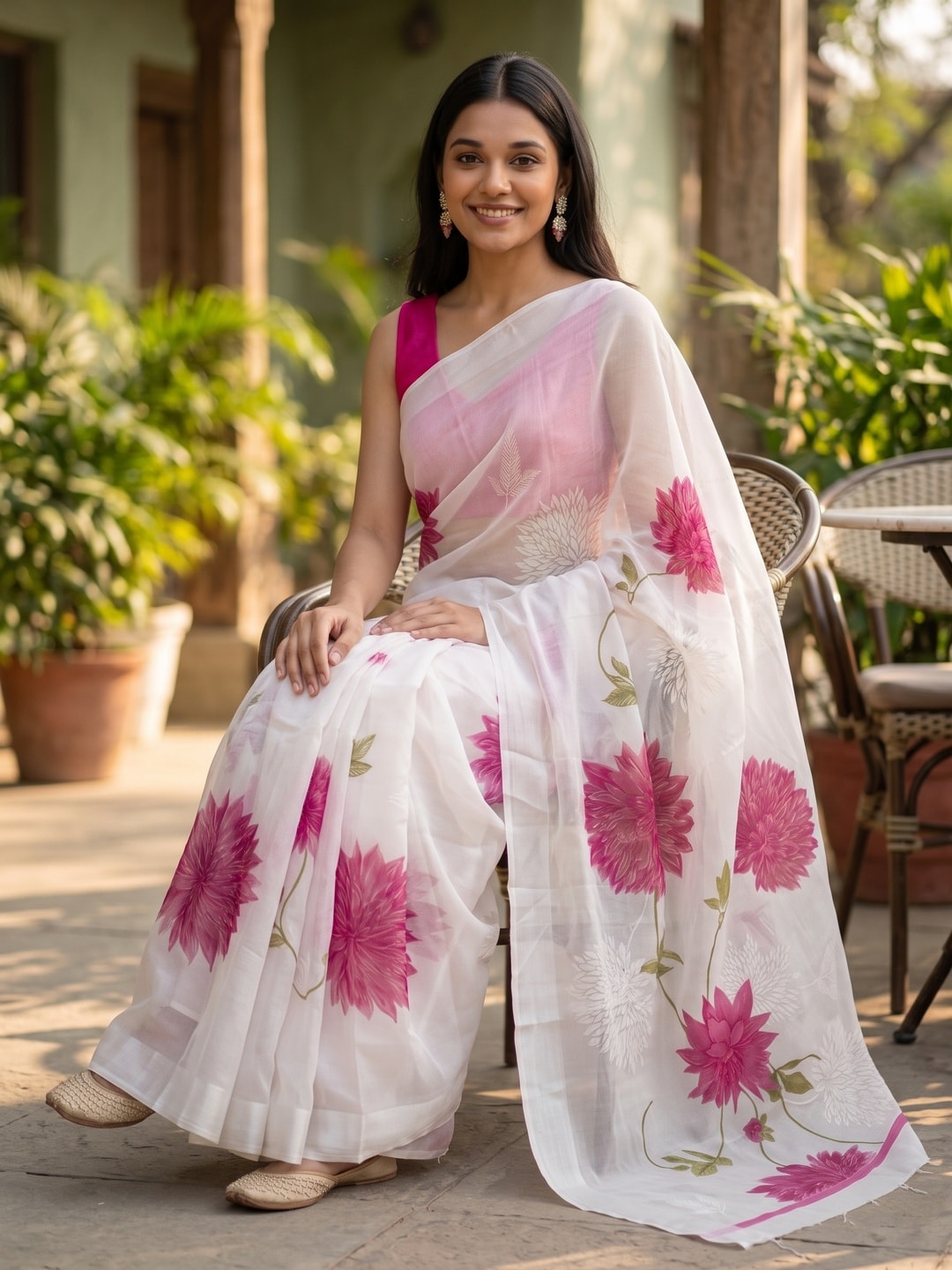 Peachmode Pink Fine Viscose Georgette Saree With Fancy Floral Foil Print And Pure Silk Handwork Blouse - Image 4