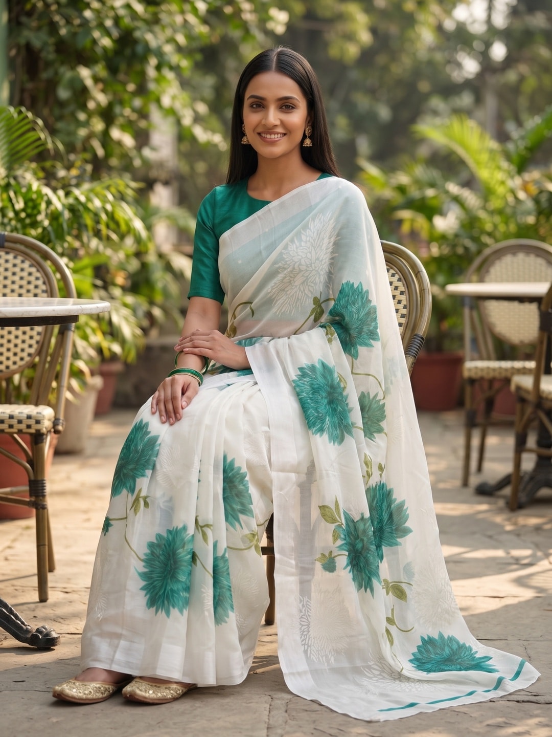 Peachmode Teal Fine Viscose Georgette Saree With Fancy Floral Foil Print And Pure Silk Handwork Blouse - Image 4