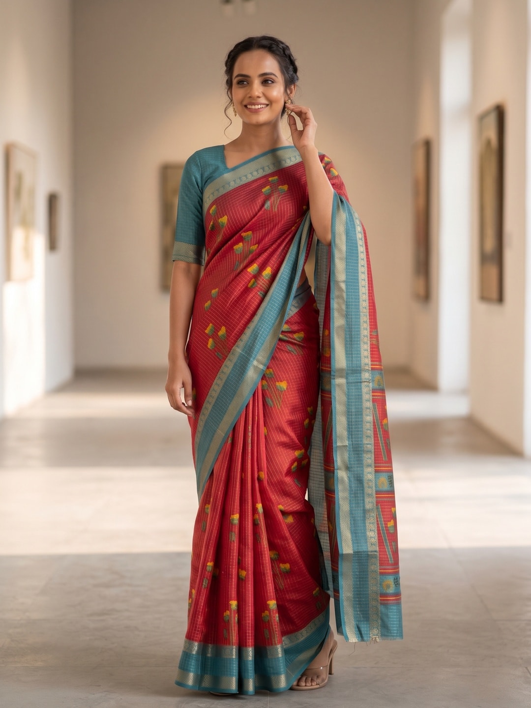Peachmode Red Pure Cotton Silk Saree With Bentex Jacquard And Silky Floral Butta Print - Image 4