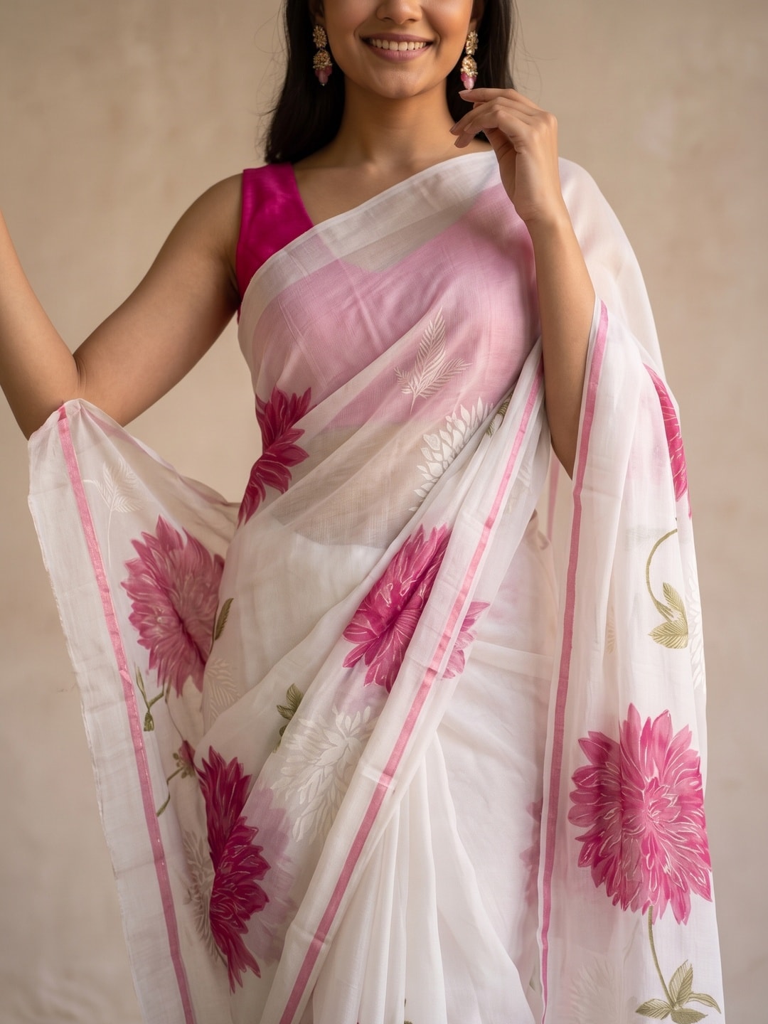Peachmode Pink Fine Viscose Georgette Saree With Fancy Floral Foil Print And Pure Silk Handwork Blouse - Image 5