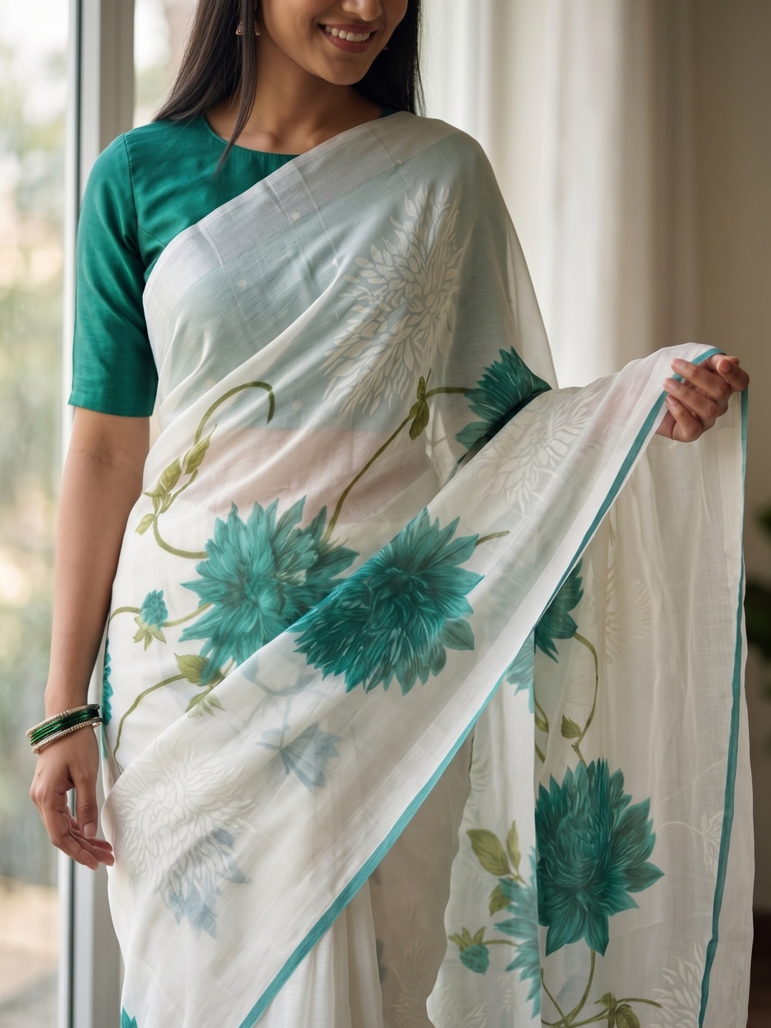 Peachmode Teal Fine Viscose Georgette Saree With Fancy Floral Foil Print And Pure Silk Handwork Blouse - Image 5