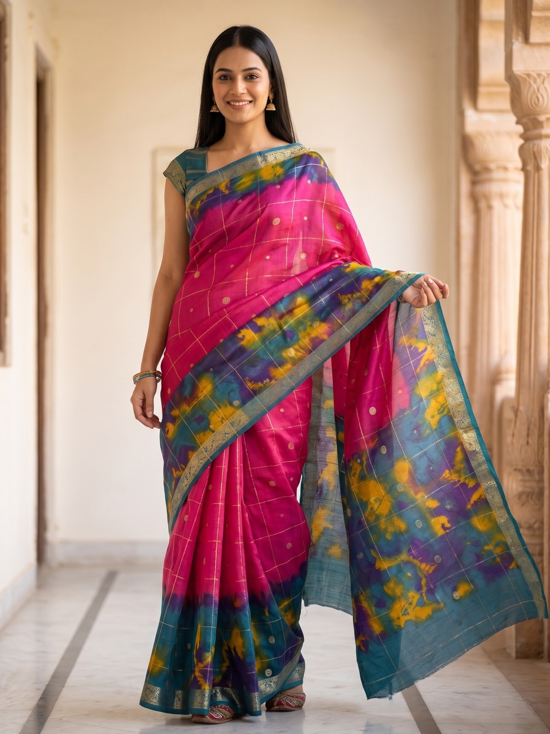 Peachmode Rani Pure Cotton Silk Saree With Bentex Jacquard And Shiburi Tie-Dye Print - Image 1
