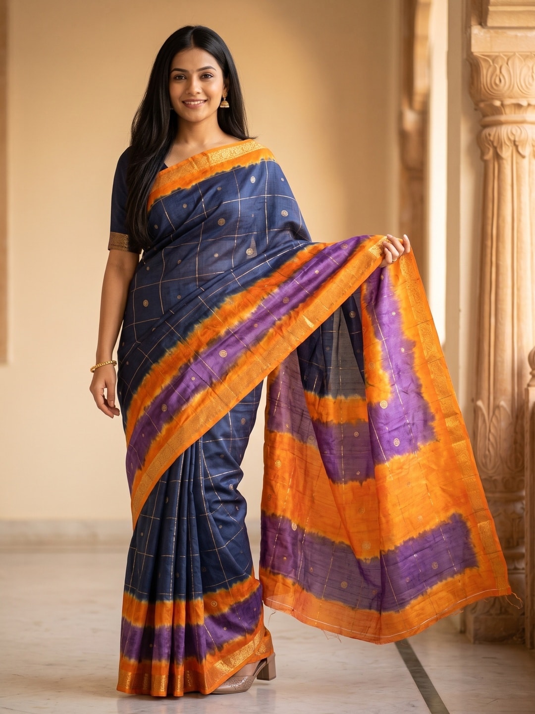 Peachmode Navy Blue Pure Cotton Silk Saree With Bentex Jacquard And Shiburi Tie-Dye Print - Image 1