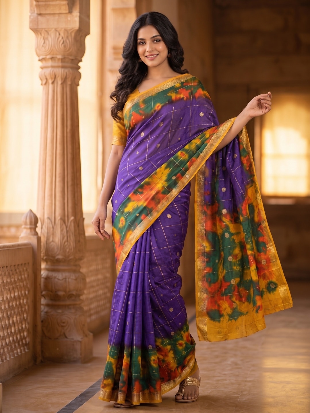 Peachmode Violet Pure Cotton Silk Saree With Bentex Jacquard And Shiburi Tie-Dye Print - Image 1