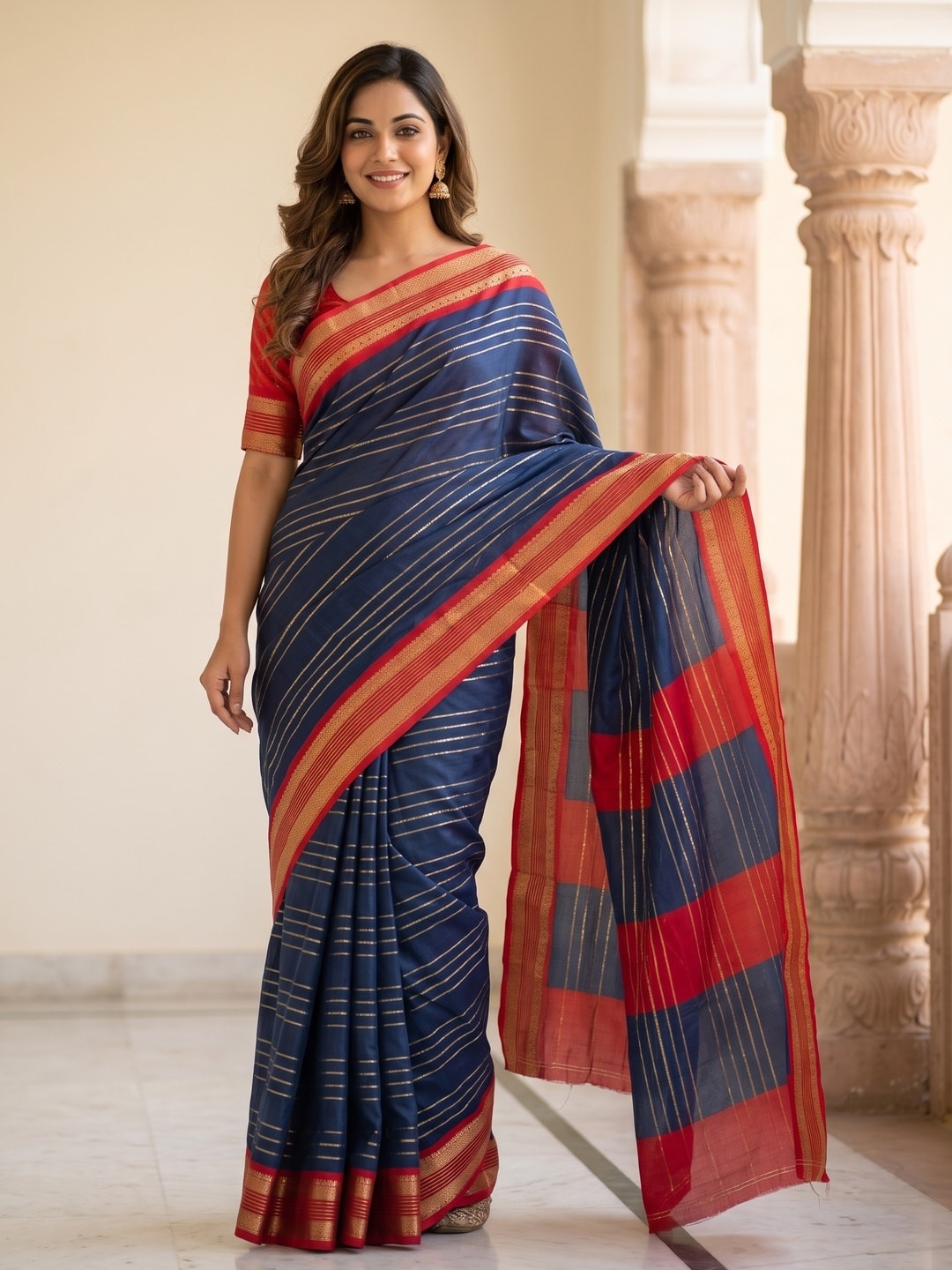 Peachmode Navy Blue Pure Crepe Silk Saree With Jacquard And Dyed Colour Block Border Concept - Image 1