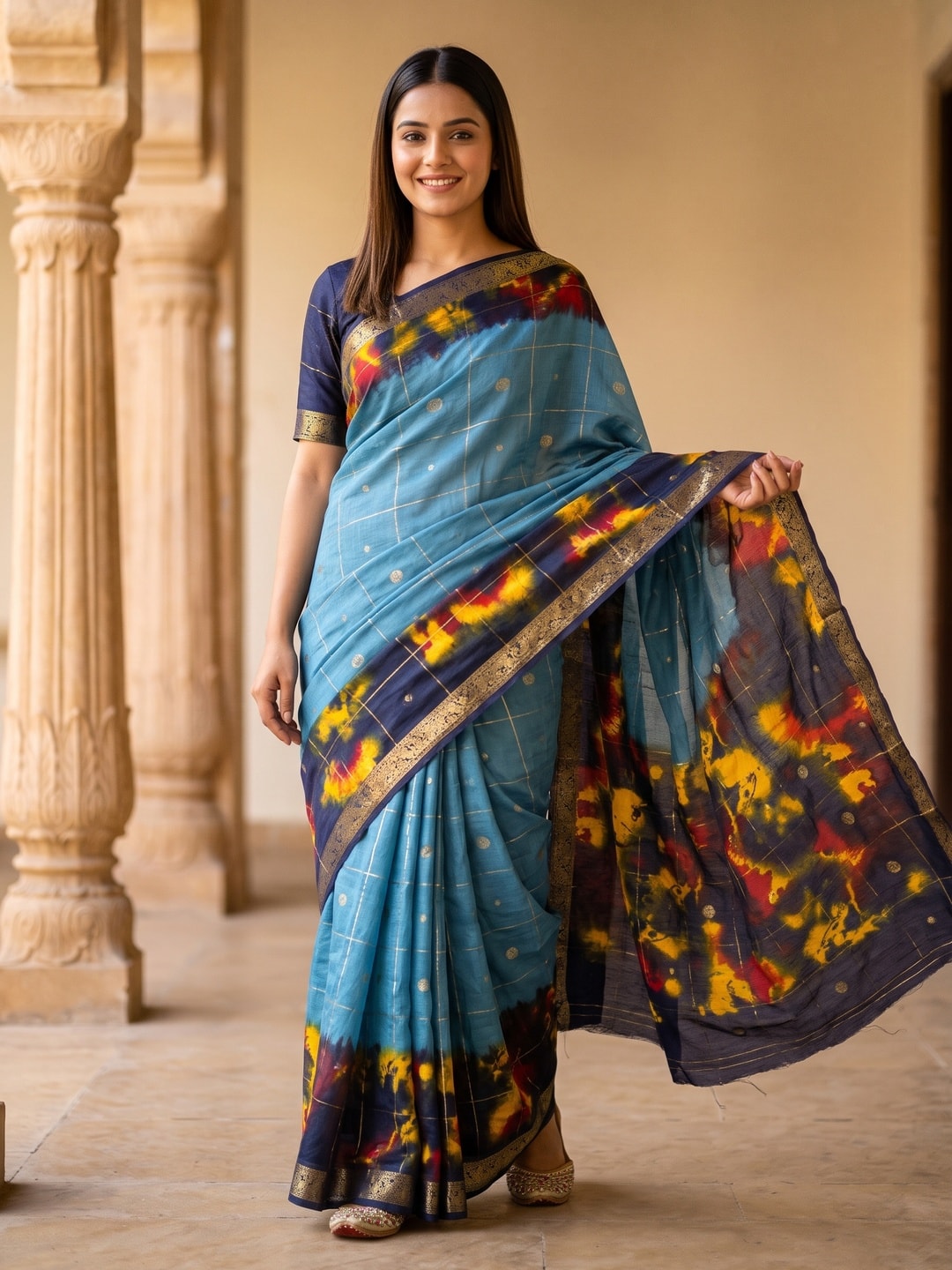 Peachmode Sky Blue Pure Cotton Silk Saree With Bentex Jacquard And Shiburi Tie-Dye Print - Image 1