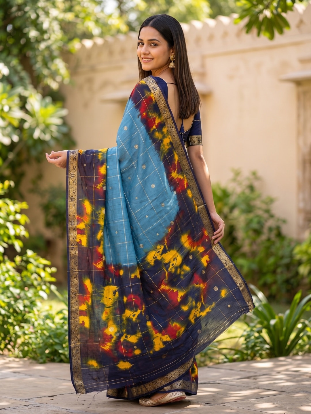Peachmode Sky Blue Pure Cotton Silk Saree With Bentex Jacquard And Shiburi Tie-Dye Print - Image 2