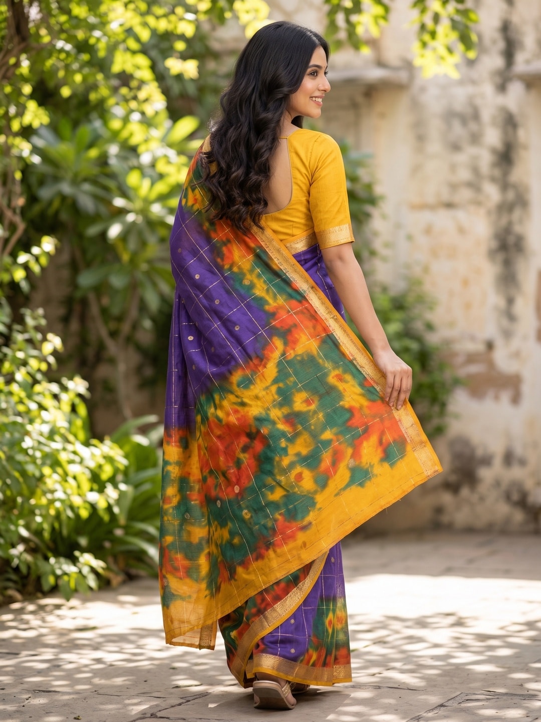 Peachmode Violet Pure Cotton Silk Saree With Bentex Jacquard And Shiburi Tie-Dye Print - Image 2