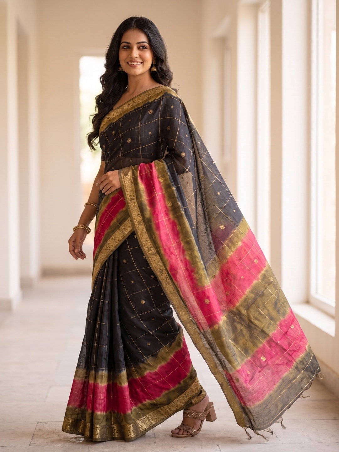 Peachmode Black Pure Cotton Silk Saree With Bentex Jacquard And Shiburi Tie-Dye Print - Image 3