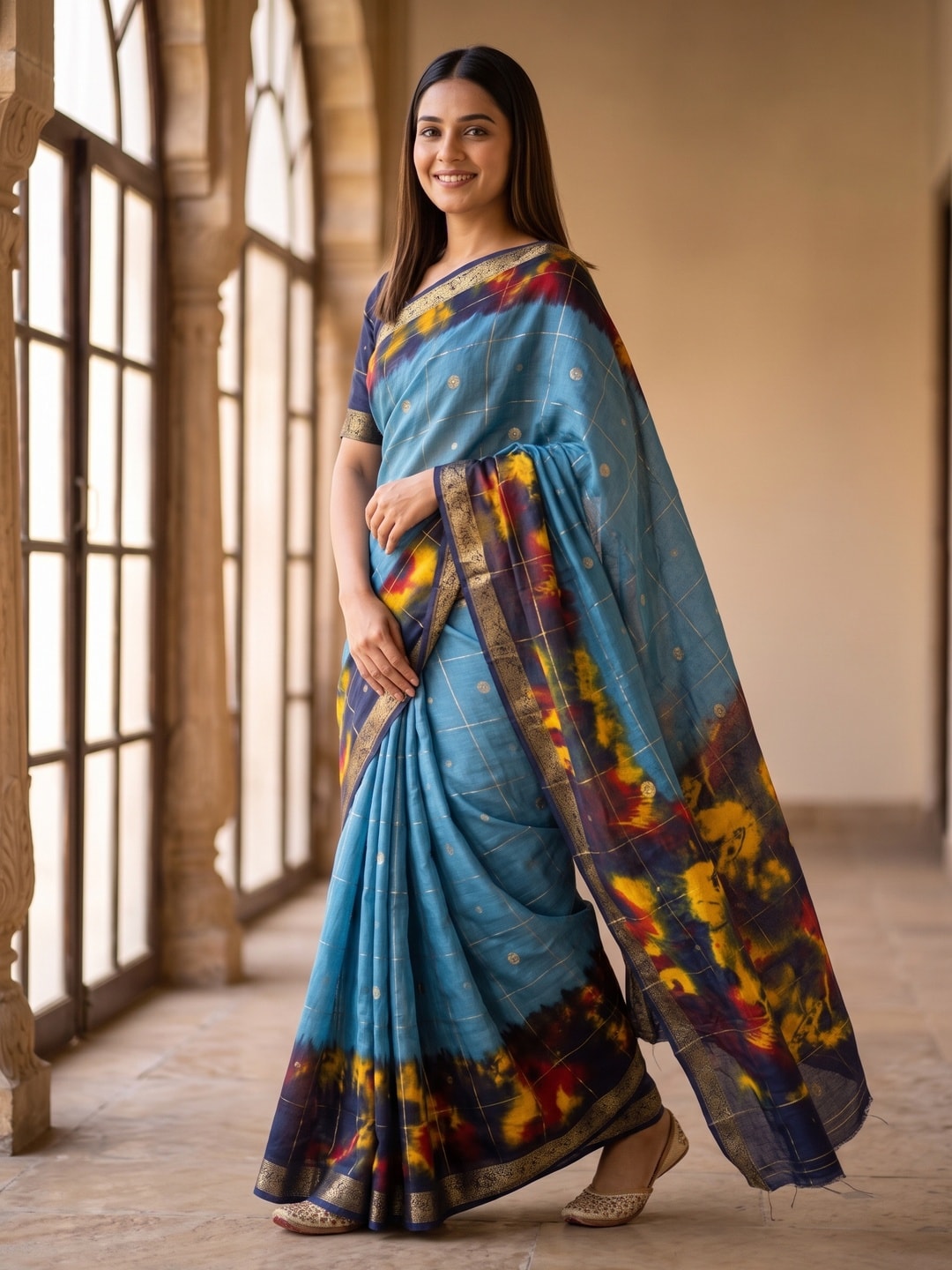 Peachmode Sky Blue Pure Cotton Silk Saree With Bentex Jacquard And Shiburi Tie-Dye Print - Image 3