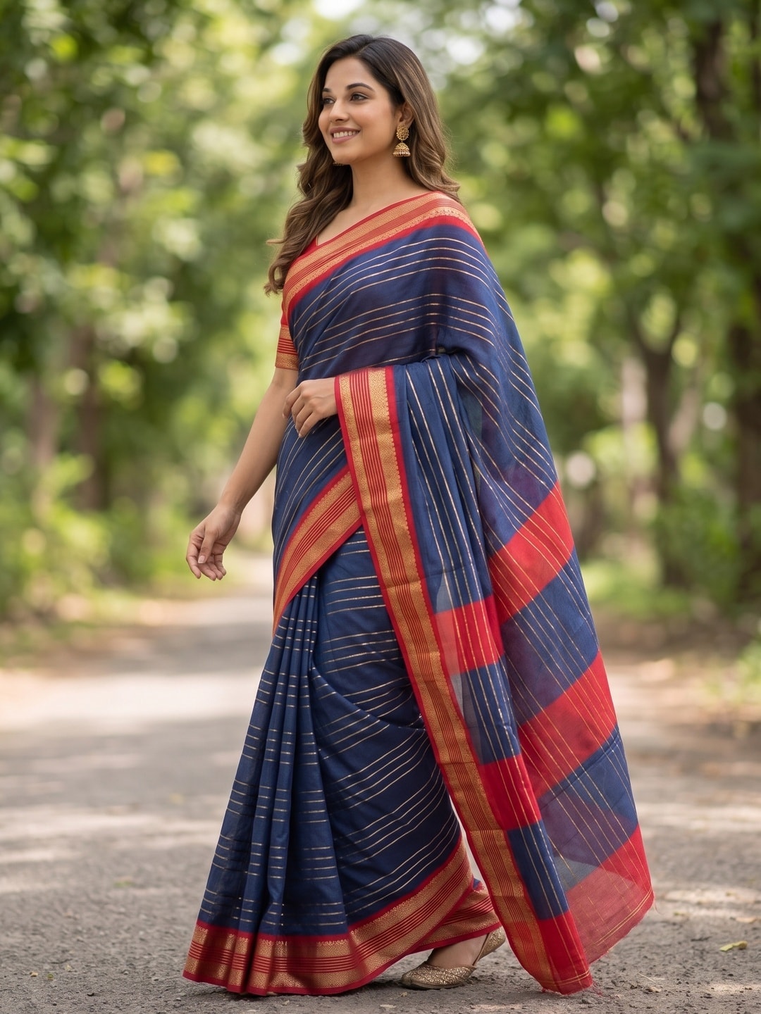 Peachmode Navy Blue Pure Crepe Silk Saree With Jacquard And Dyed Colour Block Border Concept - Image 3