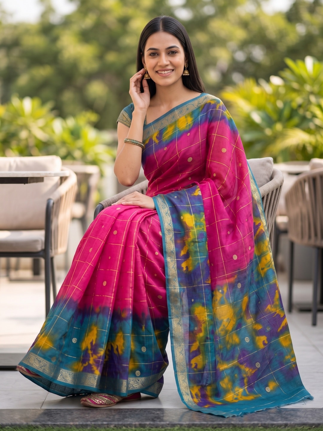 Peachmode Rani Pure Cotton Silk Saree With Bentex Jacquard And Shiburi Tie-Dye Print - Image 4