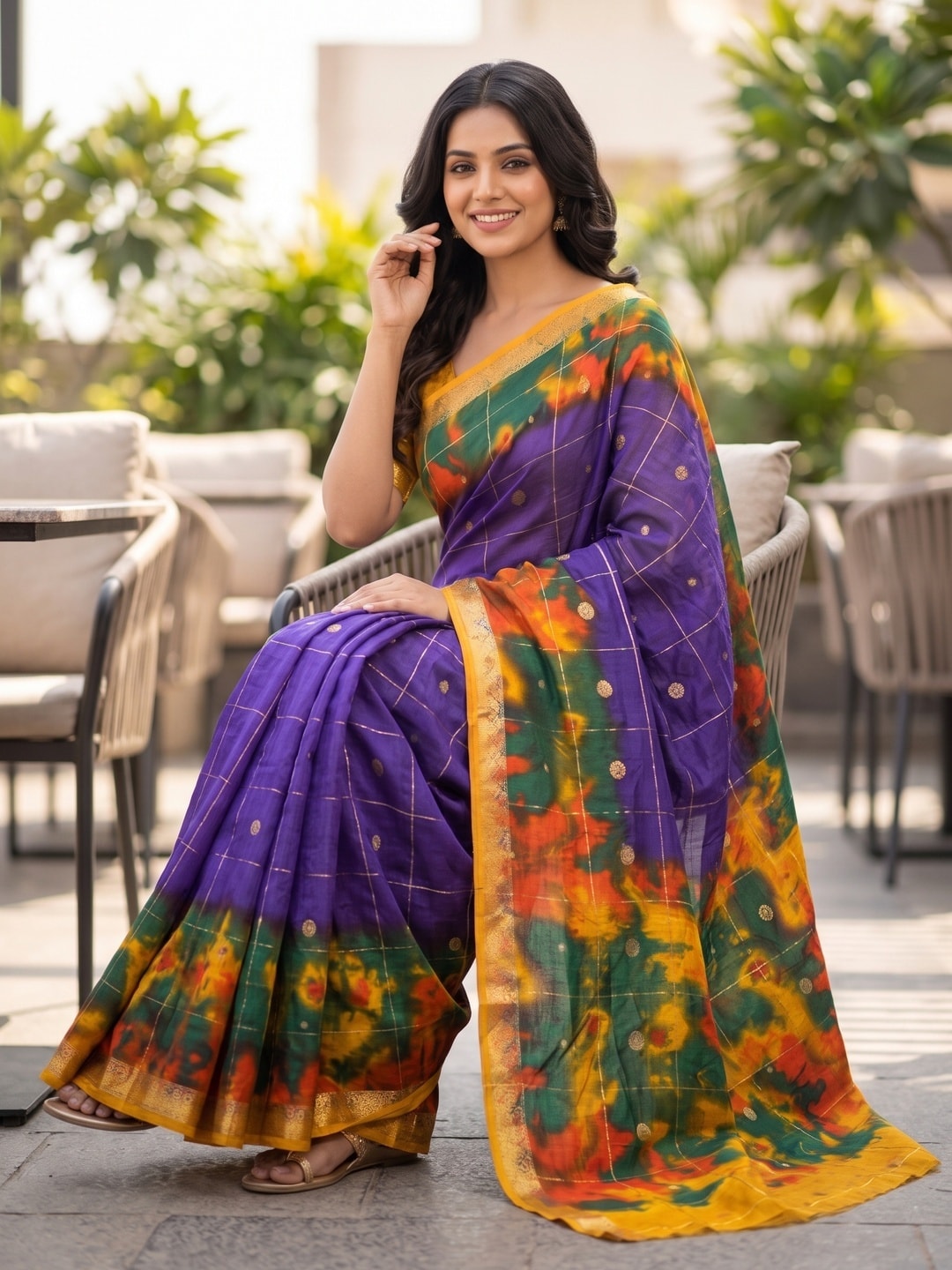 Peachmode Violet Pure Cotton Silk Saree With Bentex Jacquard And Shiburi Tie-Dye Print - Image 4