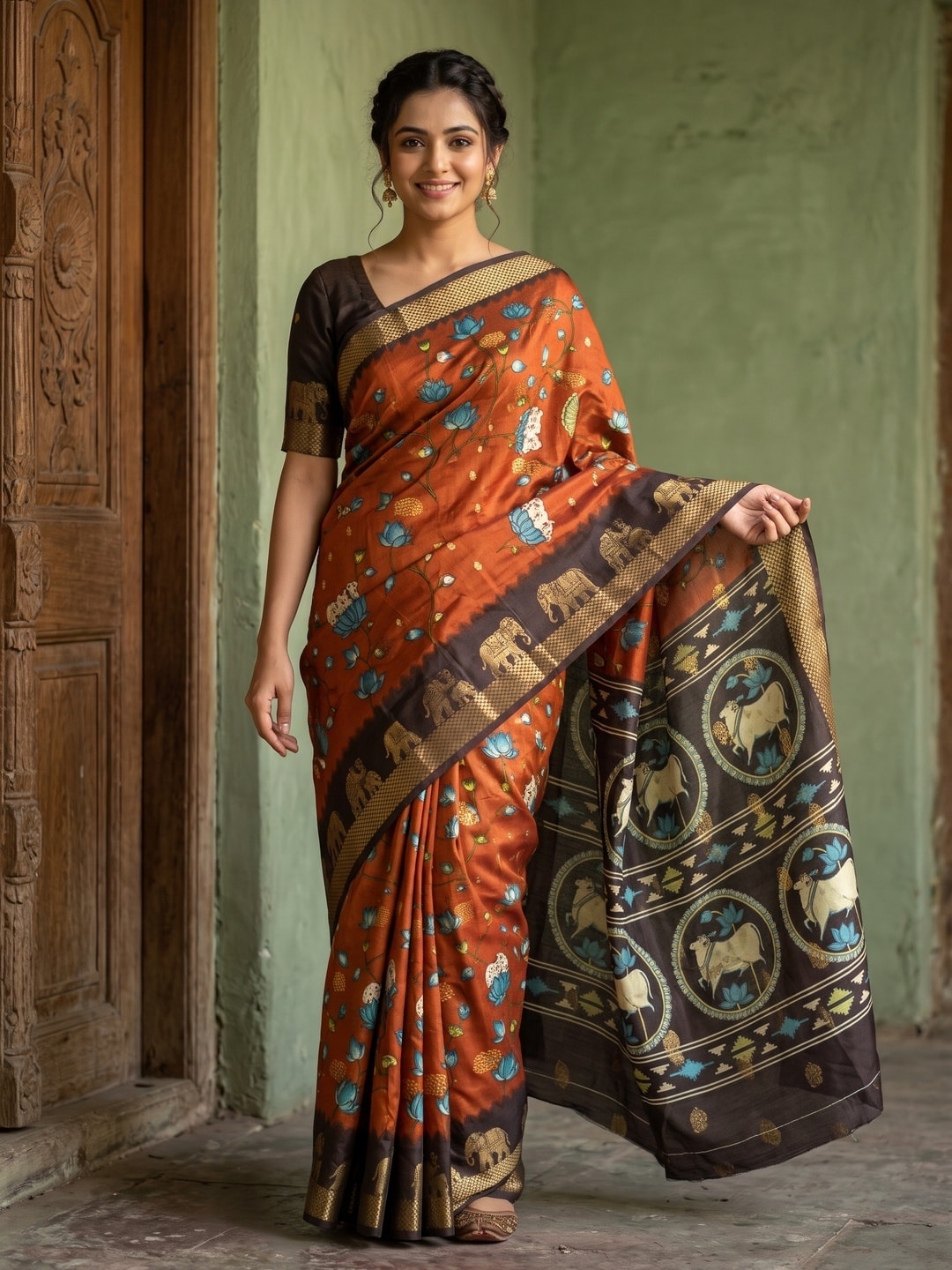 Peachmode Orange Pure Cotton Silk Saree With Kalamkari Jacquard And Lotus Print Cow Medallion Pallu - Image 1