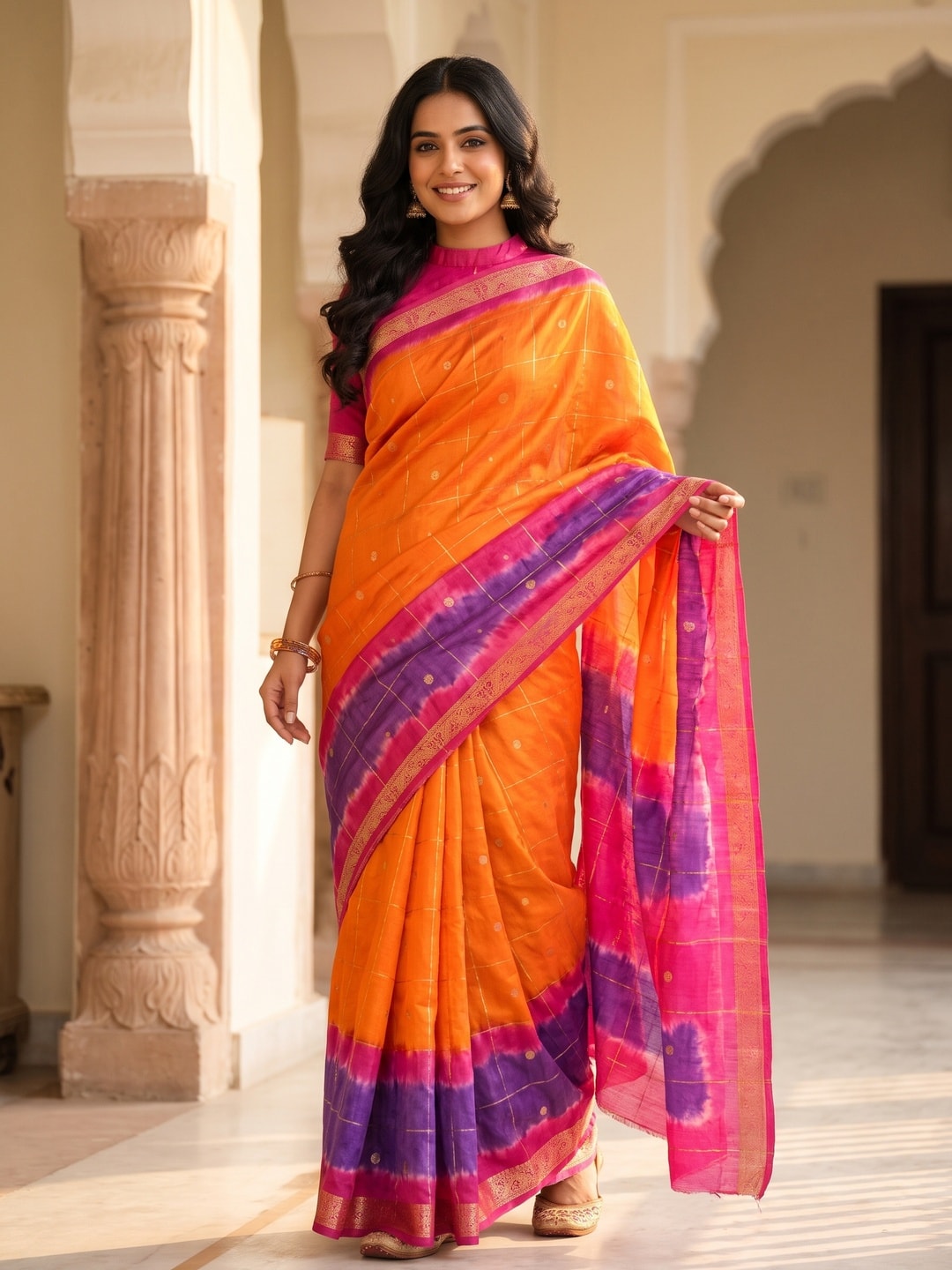 Peachmode Orange Pure Cotton Silk Saree With Bentex Jacquard And Shiburi Tie-Dye Print - Image 1