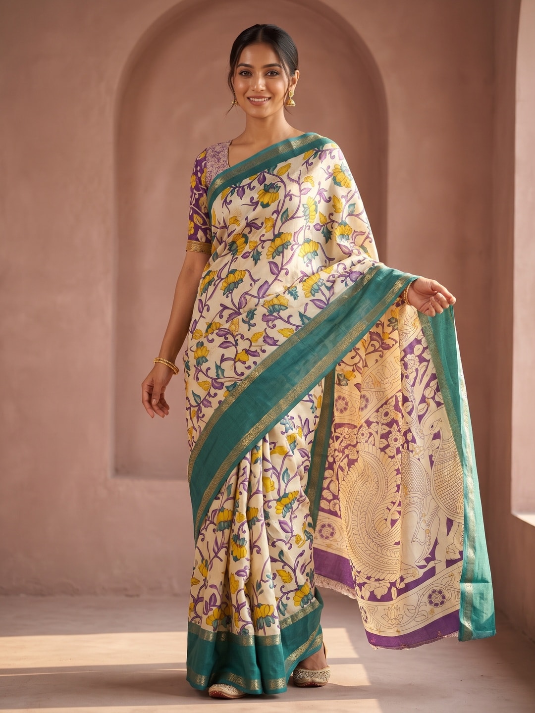 Peachmode Teal Pure Cotton Silk Saree With Bentex Jacquard And Chennur Kalamkari Floral Print - Image 1