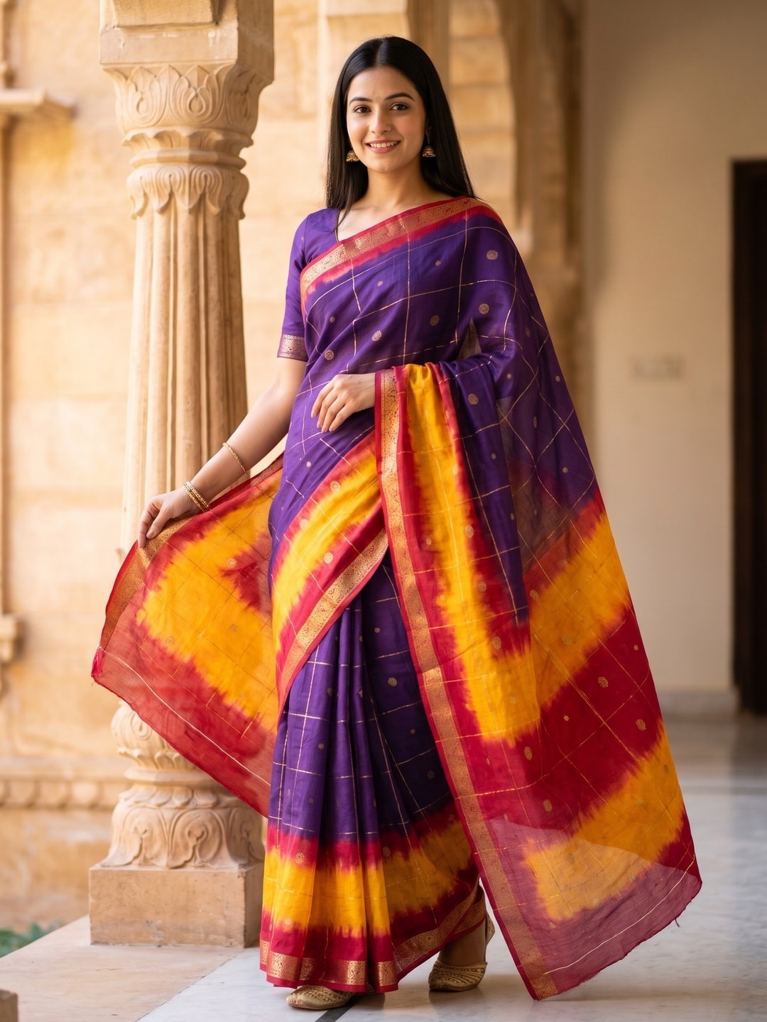 Peachmode Purple Pure Cotton Silk Saree With Bentex Jacquard And Shiburi Tie-Dye Print - Image 1