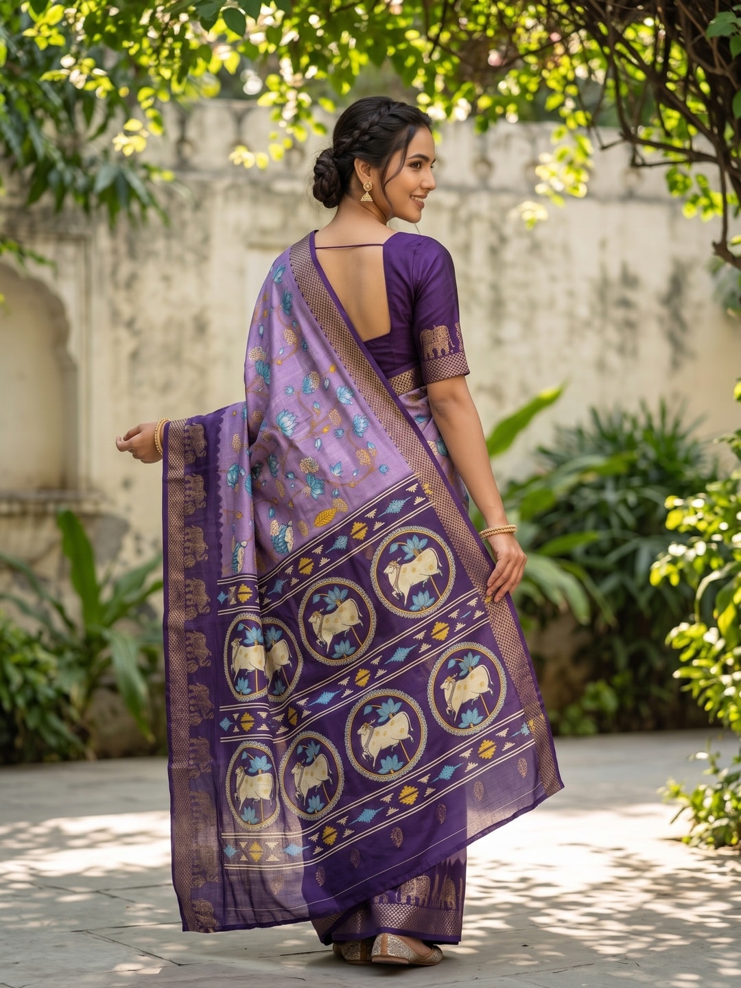 Peachmode Lavender Pure Cotton Silk Saree With Kalamkari Jacquard And Lotus Print Cow Medallion Pallu - Image 2