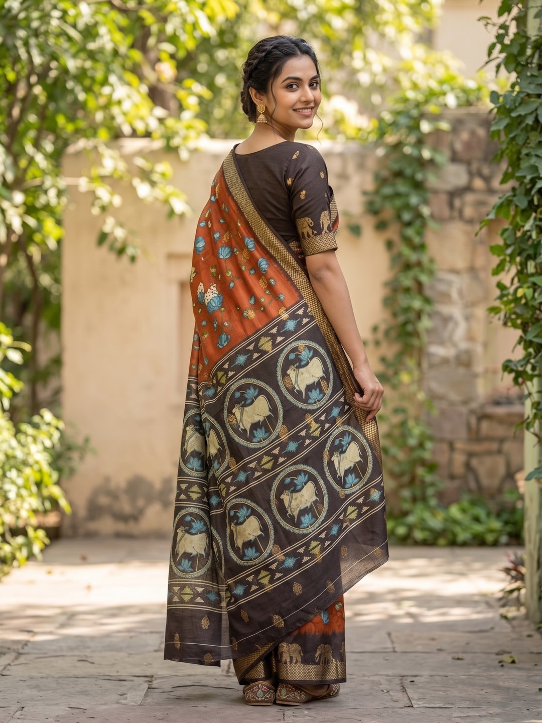 Peachmode Orange Pure Cotton Silk Saree With Kalamkari Jacquard And Lotus Print Cow Medallion Pallu - Image 2