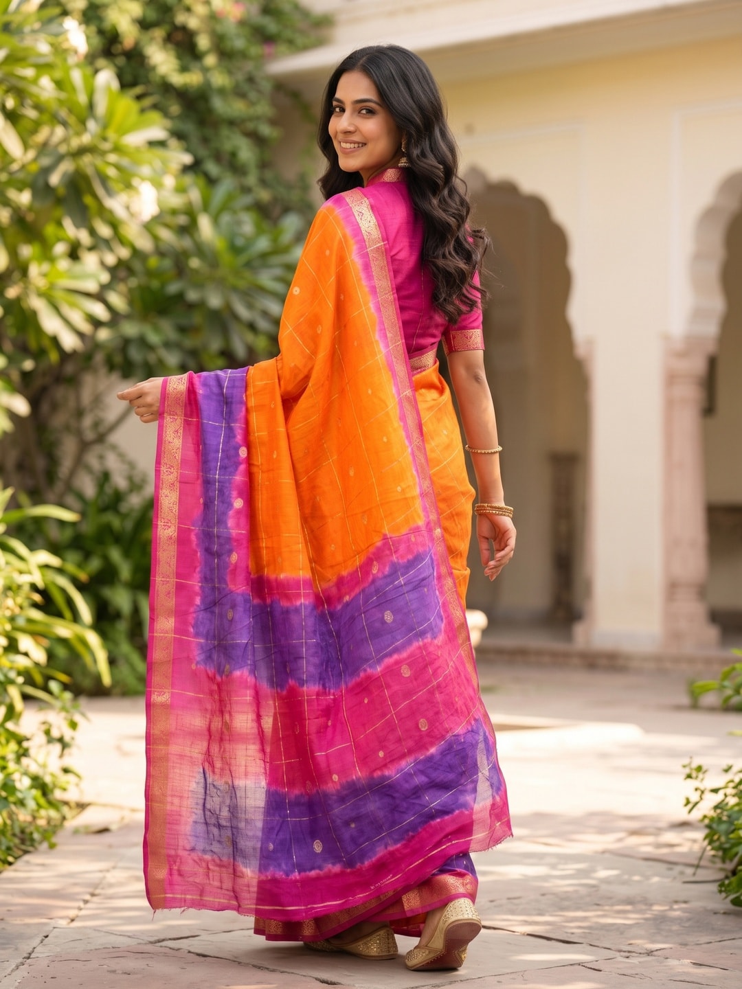 Peachmode Orange Pure Cotton Silk Saree With Bentex Jacquard And Shiburi Tie-Dye Print - Image 2