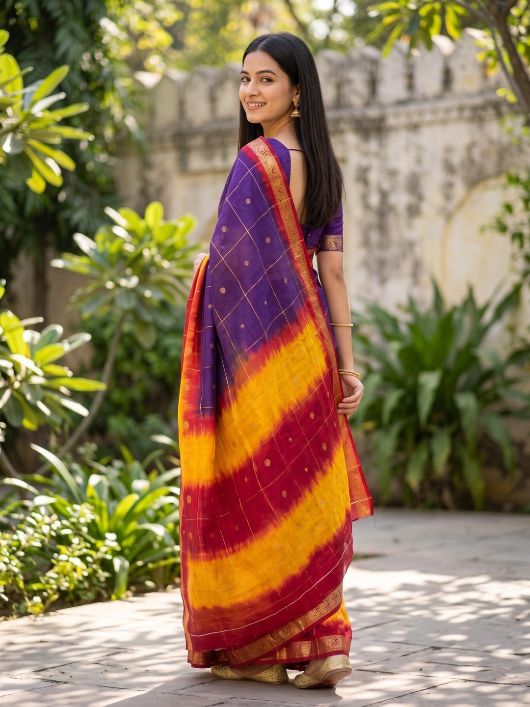 Peachmode Purple Pure Cotton Silk Saree With Bentex Jacquard And Shiburi Tie-Dye Print - Image 2