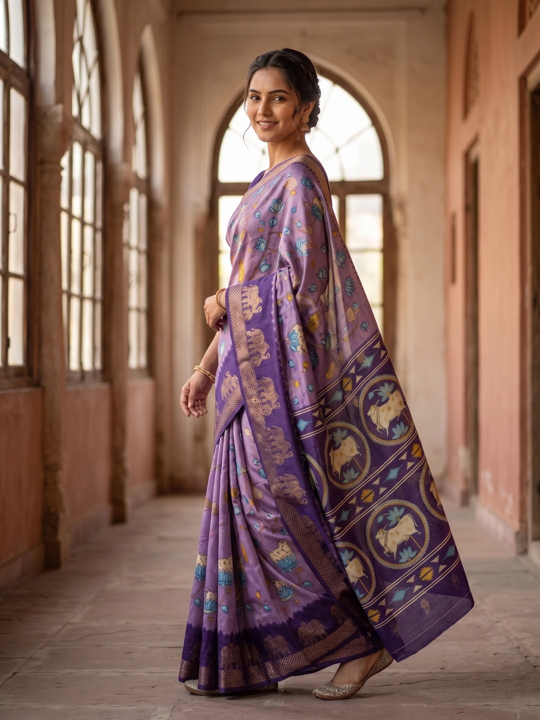 Peachmode Lavender Pure Cotton Silk Saree With Kalamkari Jacquard And Lotus Print Cow Medallion Pallu - Image 3